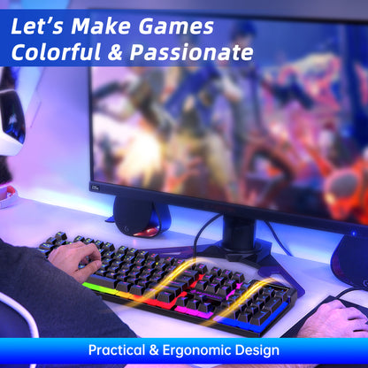 Gaming Keyboard and Mouse Combo, RGB LED Backlit Wired Computer Keyboard, Rainbow Light up USB Keyboard with 26 Anti-Ghosting Keys for PC Gamer, Laptop, Office, Black